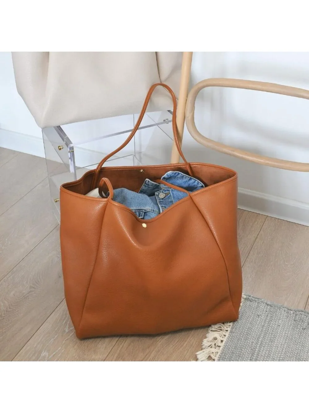 Oversized PU Leather Tote Bag for Women | Stylish Weekender Shopper Purse